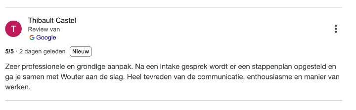 Google review van Thibault Castel over de samenwerking met MarketMinds